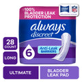 Always Discreet Adult Incontinence Pads for Women, Ultimate Absorbency, Long Length, Postpartum Pads, 28 Count