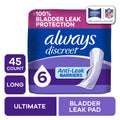 Always Discreet Adult Incontinence Pads for Women, Ultimate Absorbency, Long Length, Postpartum Pads, 45 Count