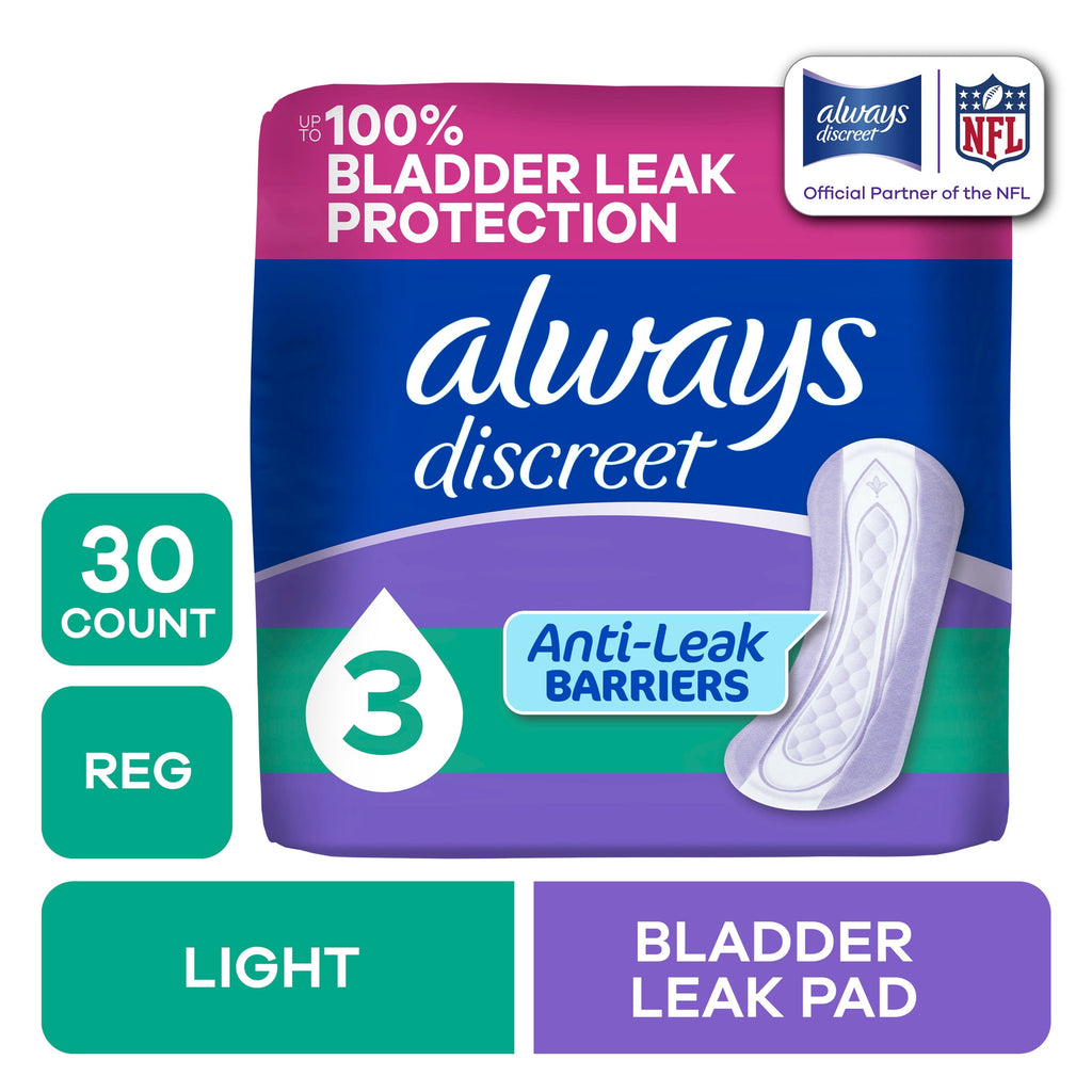 Always Discreet Incontinence Pads for Women, Light Absorbency, Regular Length, Postpartum Pads, 30 Count