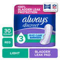 Always Discreet Incontinence Pads for Women, Light Absorbency, Regular Length, Postpartum Pads, 30 Count