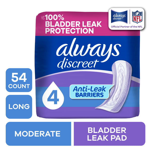 Always Discreet Incontinence Pads for Women, Moderate Absorbency, Long Length, Postpartum Pads, 54 Count