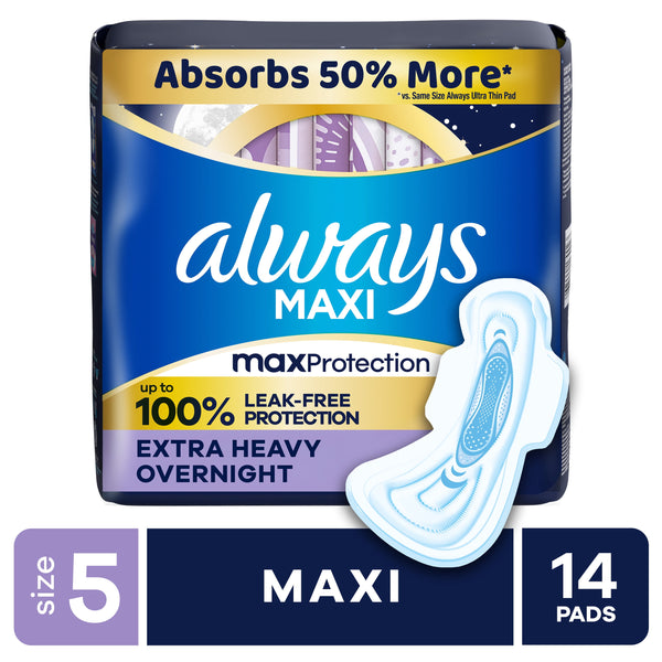 Always Maxi Pads Size 5, Extra Heavy Overnight with Wings, 14 Count