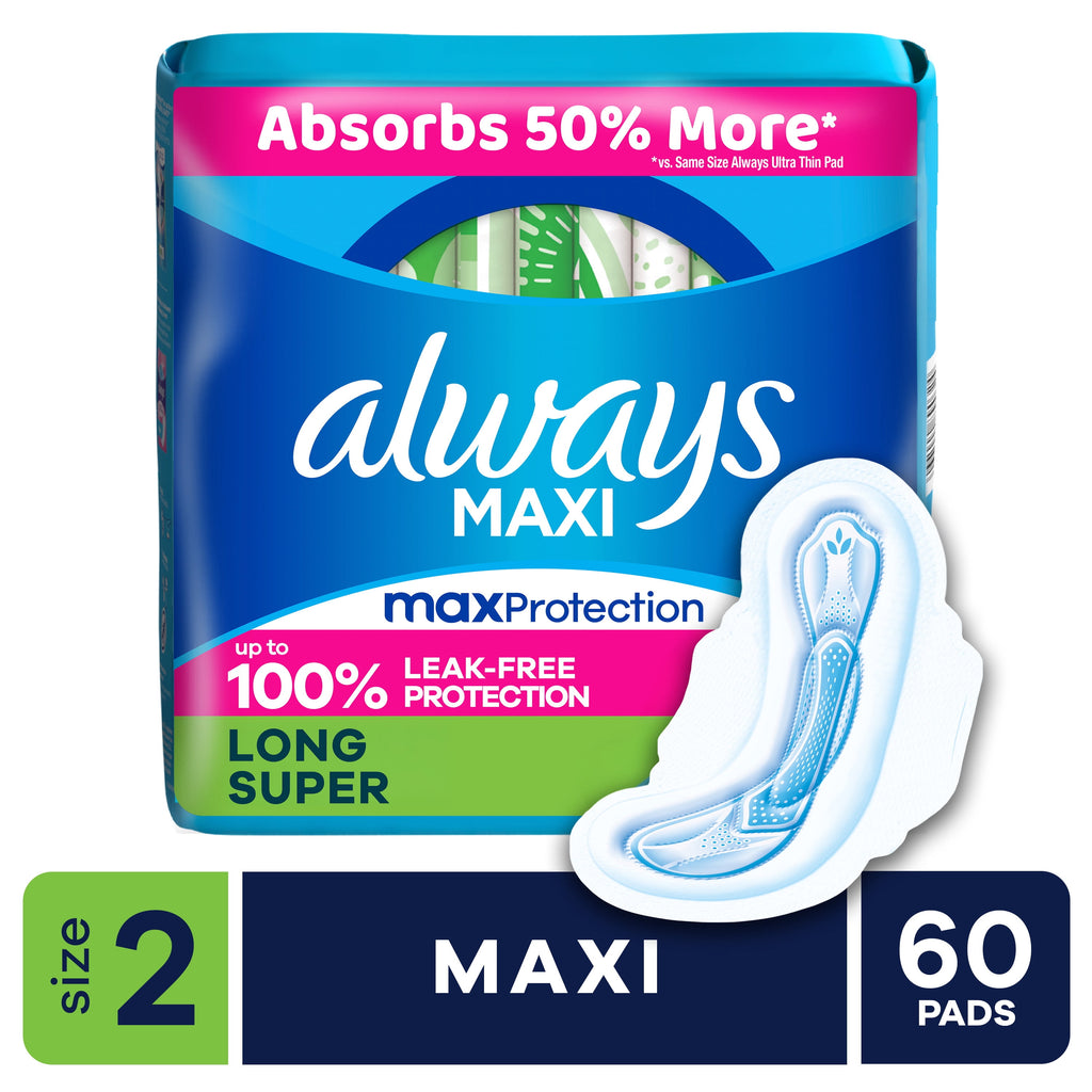 Always Maxi Pads with Wings, Size 2, Long Super, 60 Count