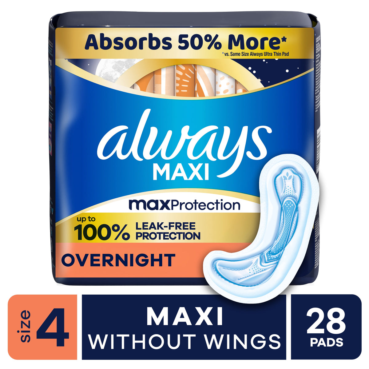 Always Maxi Pads without Wings, Size 4, Overnight Absorbency, 28 count
