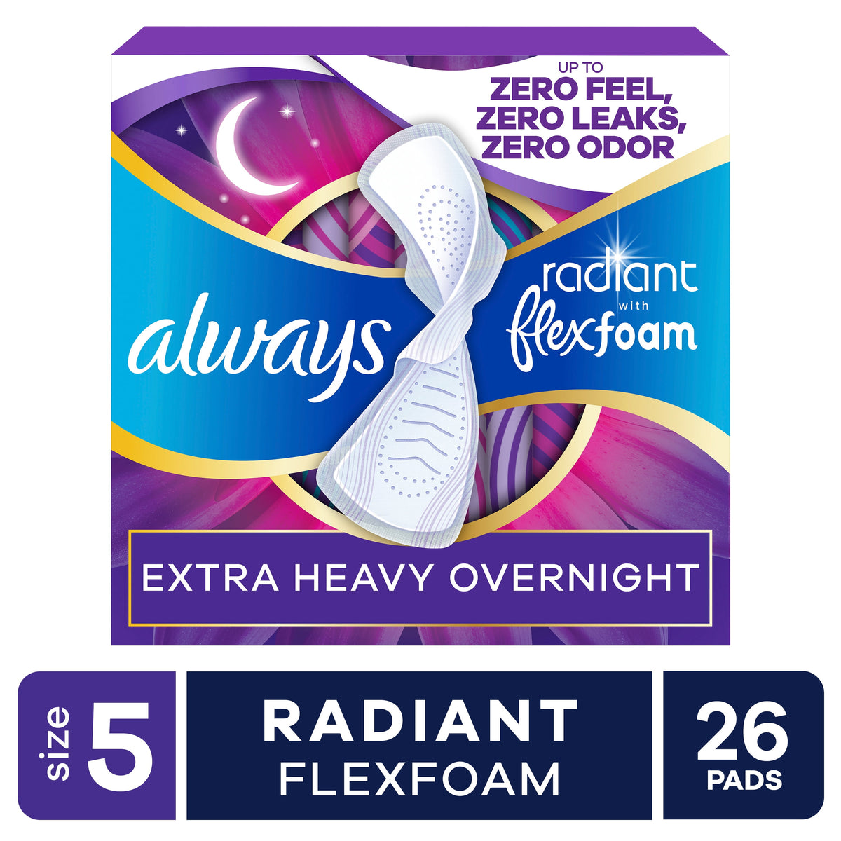 Always Pads, Radiant with FlexFoam Pads, Size 5, Extra Heavy Overnight, Wings, 26 Count