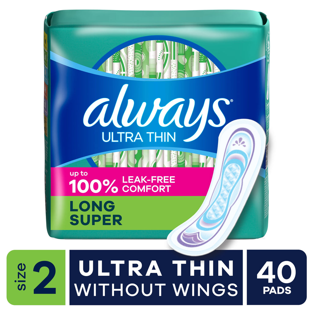 Always Ultra Thin Pads Without Wings, Size 2, Long Super Absorbency, 40 Count