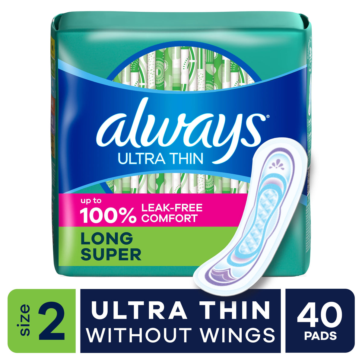 Always Ultra Thin Pads Without Wings, Size 2, Long Super Absorbency, 40 Count