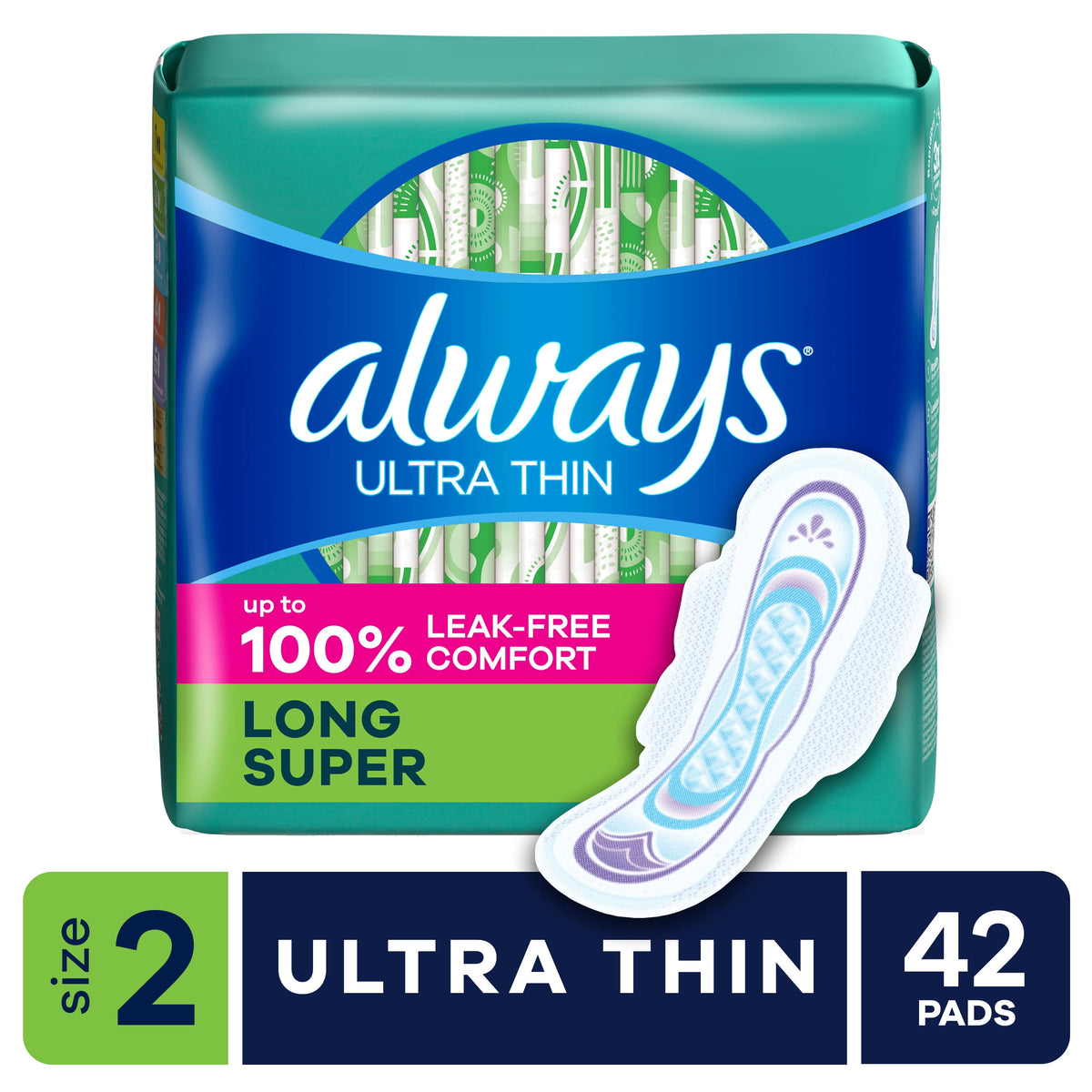 Always Ultra Thin Pads with Wings, Size 2, Long Super Absorbency, 42 Count