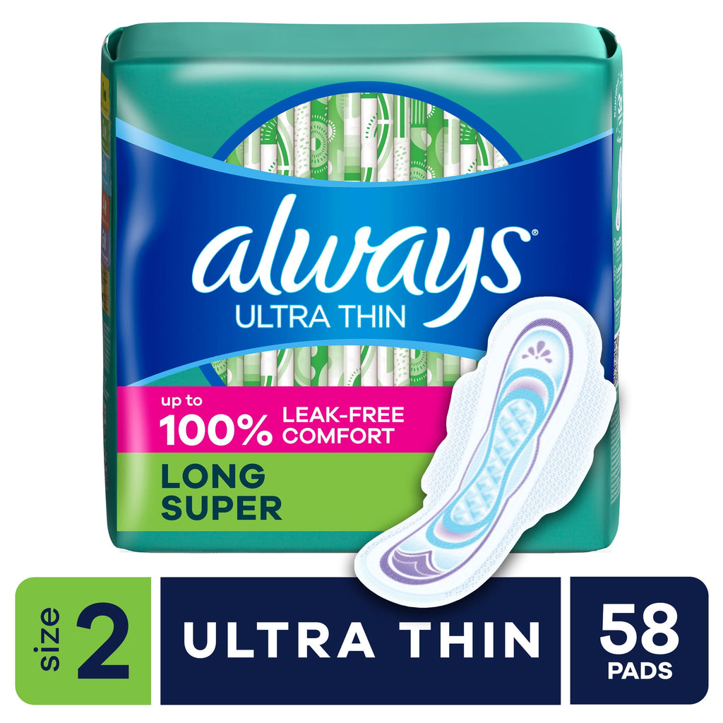 Always Ultra Thin Pads with Wings, Size 2, Long Super Absorbency, 58 Count