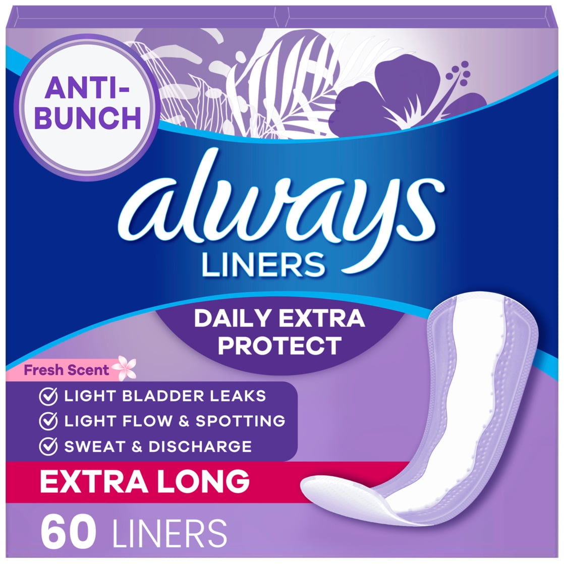 Always Daily Extra Protect Liners, Extra Long Length Length, Scented Panty Liners, 60 Count