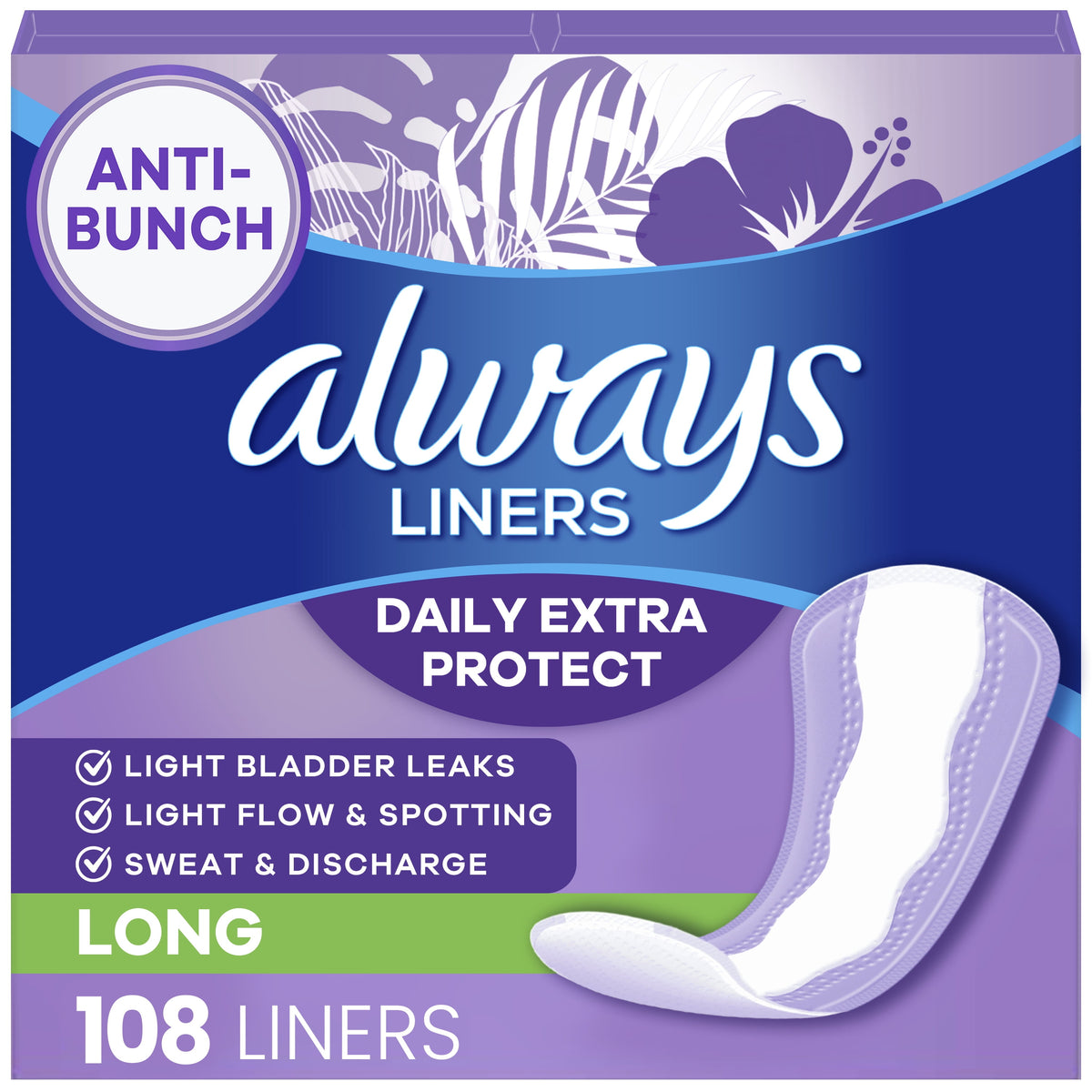 Always Anti-Bunch Xtra Protection Daily Liners, Long, Unscented, 108 CT