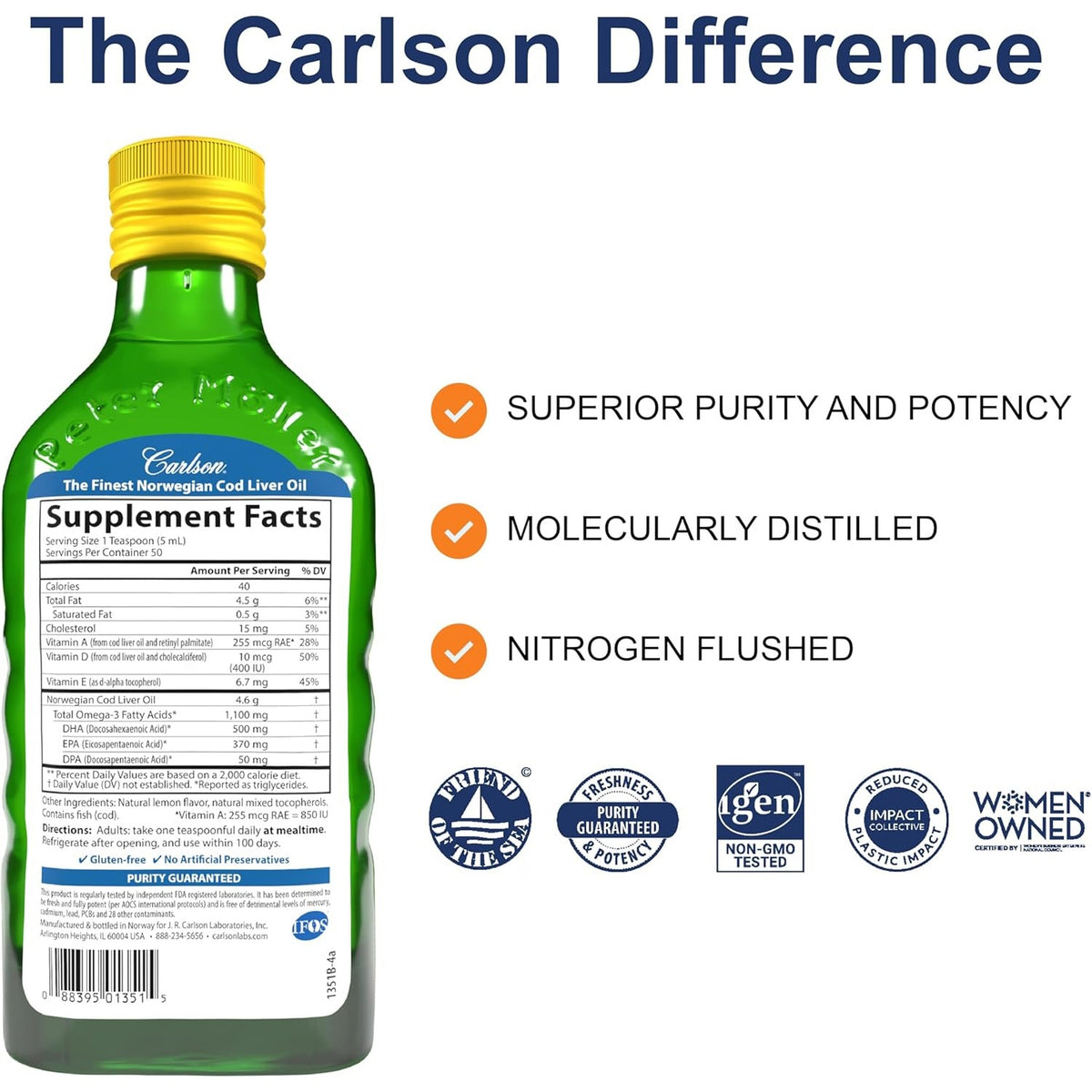 Carlson Cod Liver Oil, 1100 mg, Omega-3s, Lemon, 250 mL (8.4 Fl Oz)