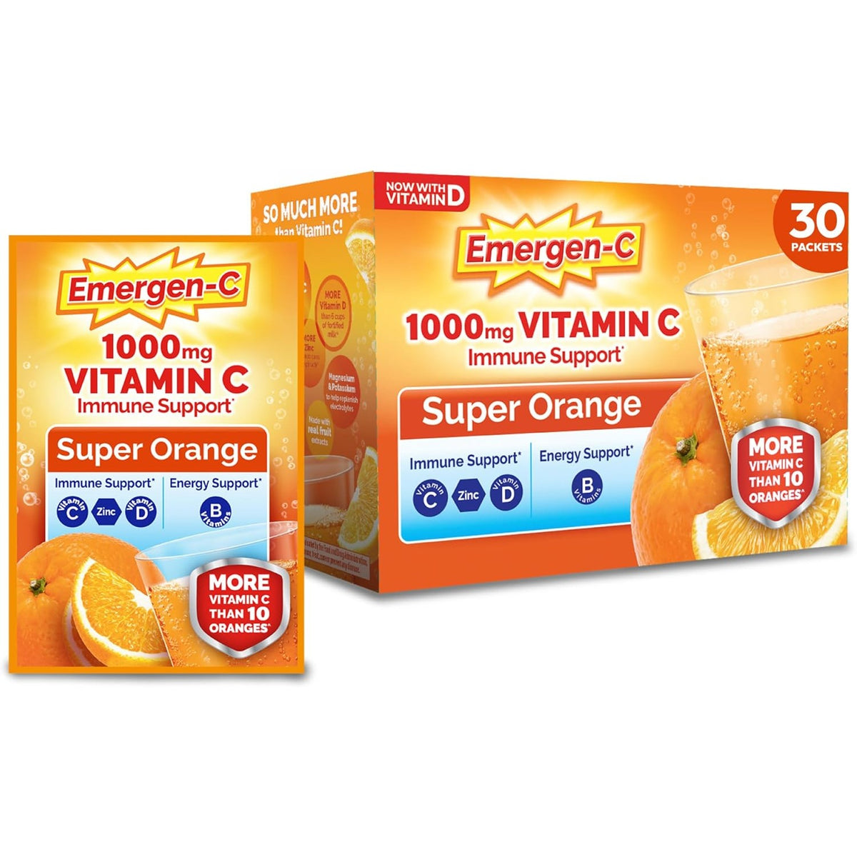 Emergen-C Vitamin C 1000mg Immune Support Powder, Orange, 30 Packets