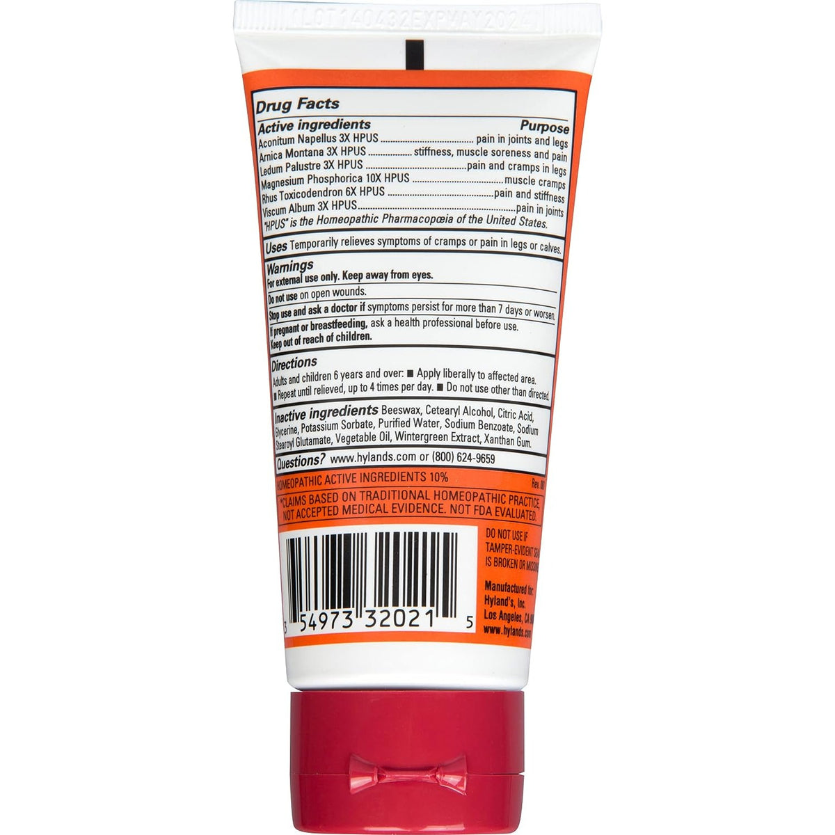 Hyland's Leg Cramps + Arnica, Natural Fast-Acting Pain Relief Cream, 2.5oz