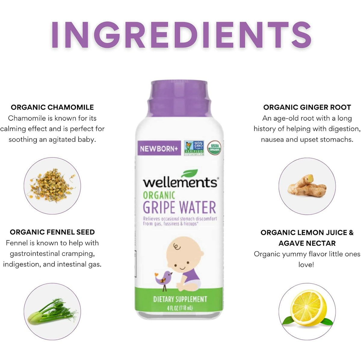 Wellements Organic Gripe Water Gas Colic Hiccup Relief 4 Fl Oz Newborn+