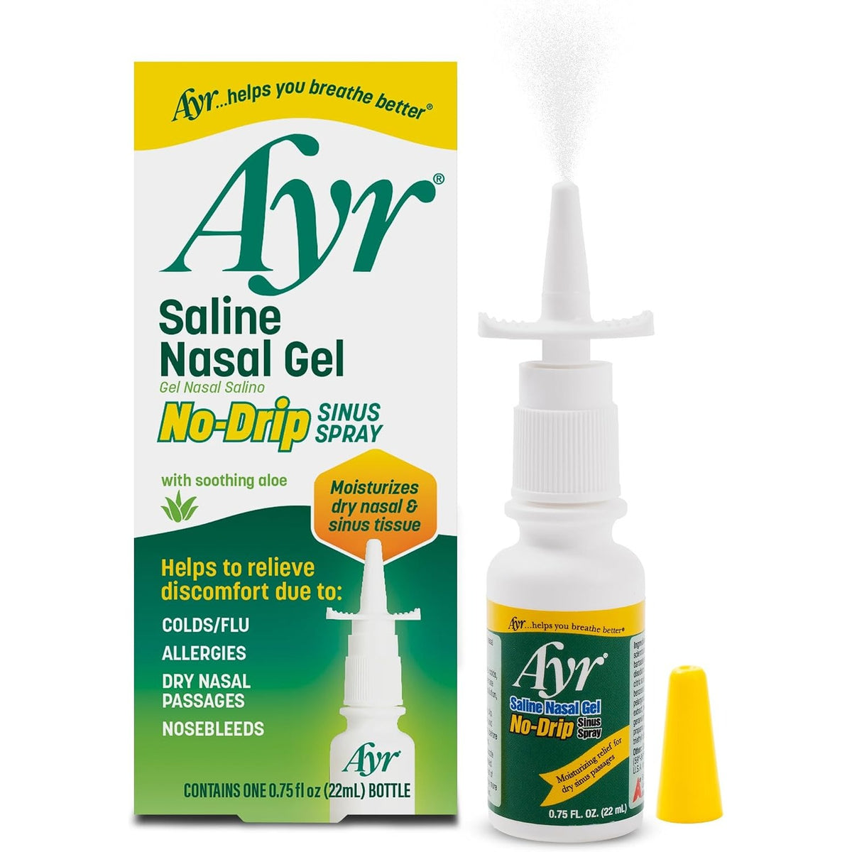 Ayr Saline Nasal Gel No-drip Sinus Spray With Soothing Aloe Vera, 0.75 Fl Oz Spray Bottle, (Pack of 1)