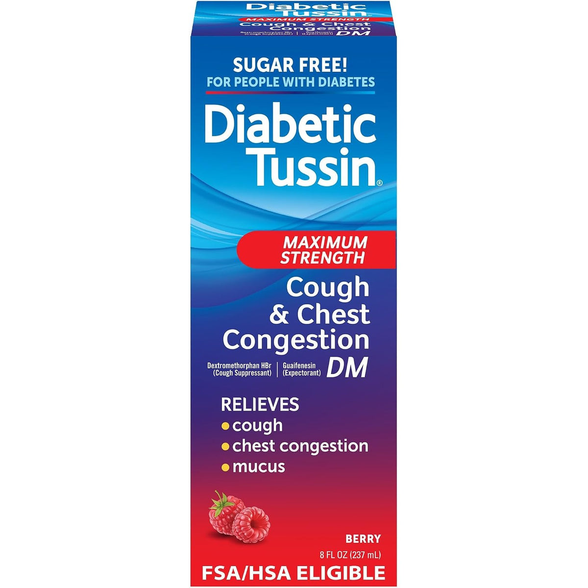 Diabetic Tussin DM Max Strength Cough Syrup, Sugar-Free, Berry, 8 Fl Oz