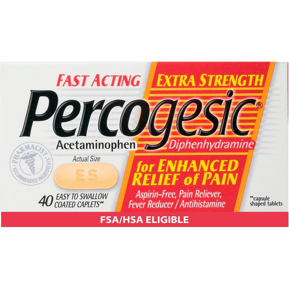 Percogesic Extra Strength Pain Relief, Dual Action Caplets, 40 Count