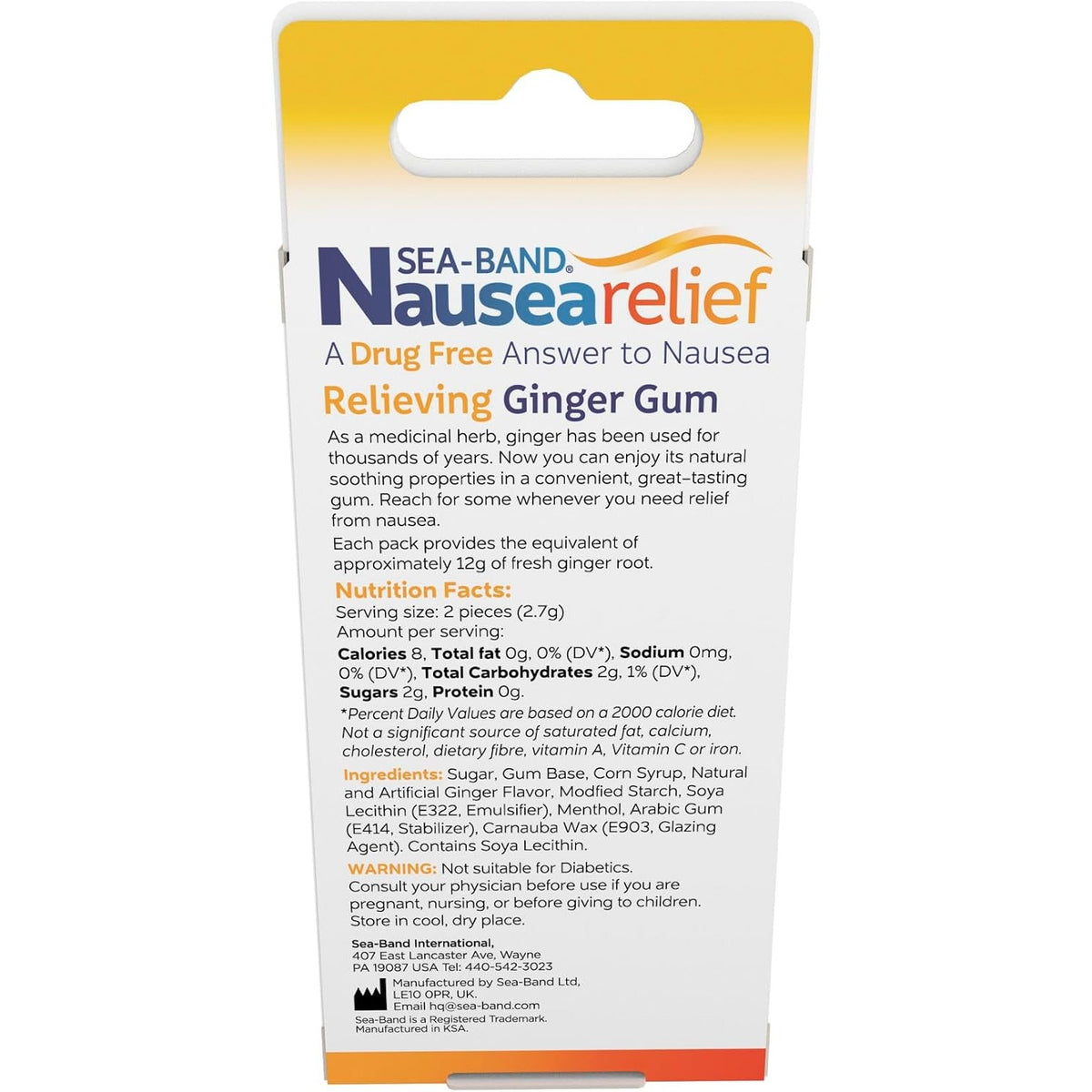 Sea-Band Anti-Nausea Ginger Gum For Motion & Morning Sickness, 24 Pieces