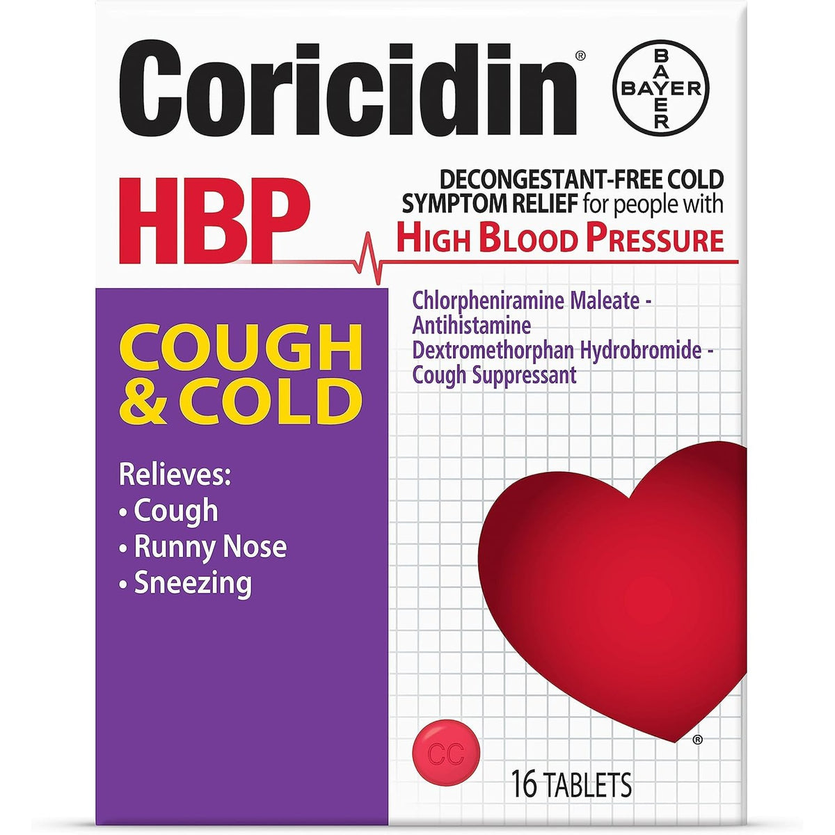Coricidin HBP Decongestant-Free Cough and Cold Medicine, 16 ct