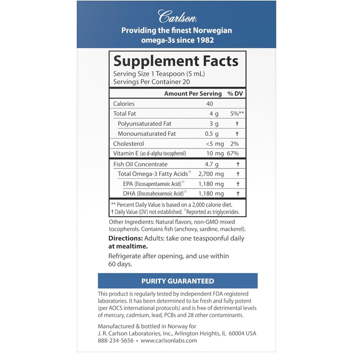 Carlson Med Omega, 2700 mg, Omega-3s, Wild Caught, 100 mL (3.3 Fl Oz)