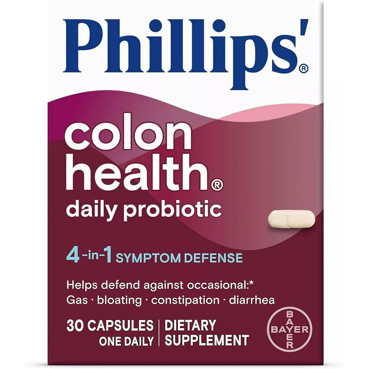 Phillips' Colon Health Daily Probiotic Capsules, 4-in-1 Symptom Defense to help defend against Occasional Gas, Bloating, Constipation, and Diarrhea