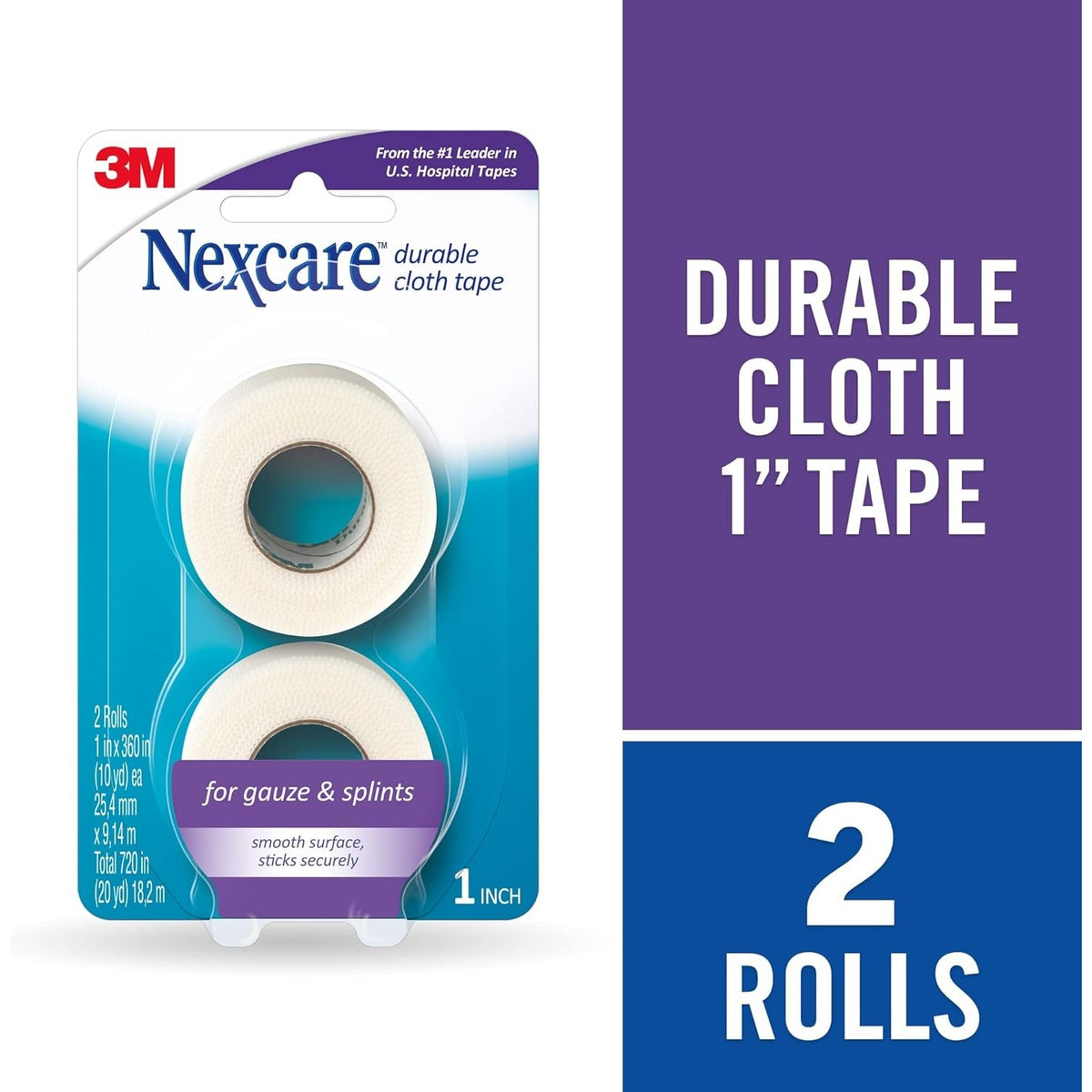 Nexcare Durable Cloth Tape, Woven Tape, Securely Holds Bulky Wound Dressing - 1 In x 10 Yds, 2 Rolls of Tape