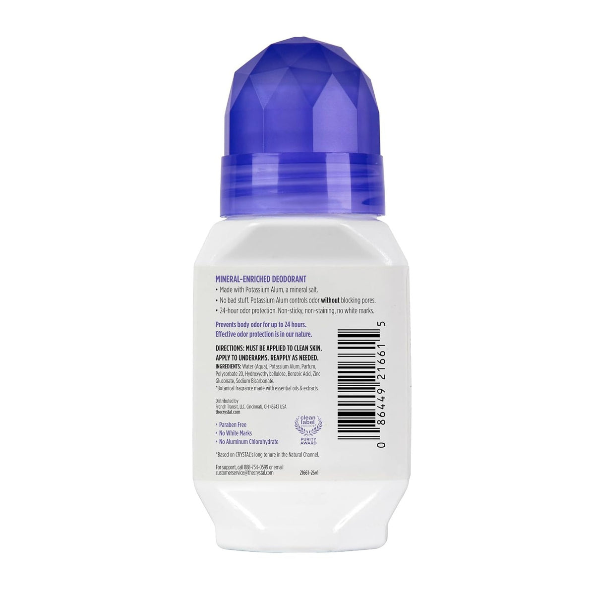 Crystal Mineral Deodorant Roll-On, Lavender & White Tea, Purple, 2.25 Fl Oz