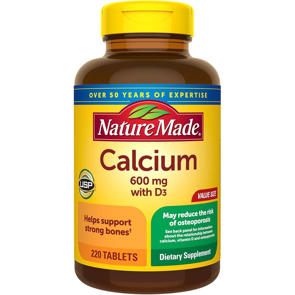 Nature Made Calcium 600 mg with Vitamin D3 for Bone Support, 220 Tablets