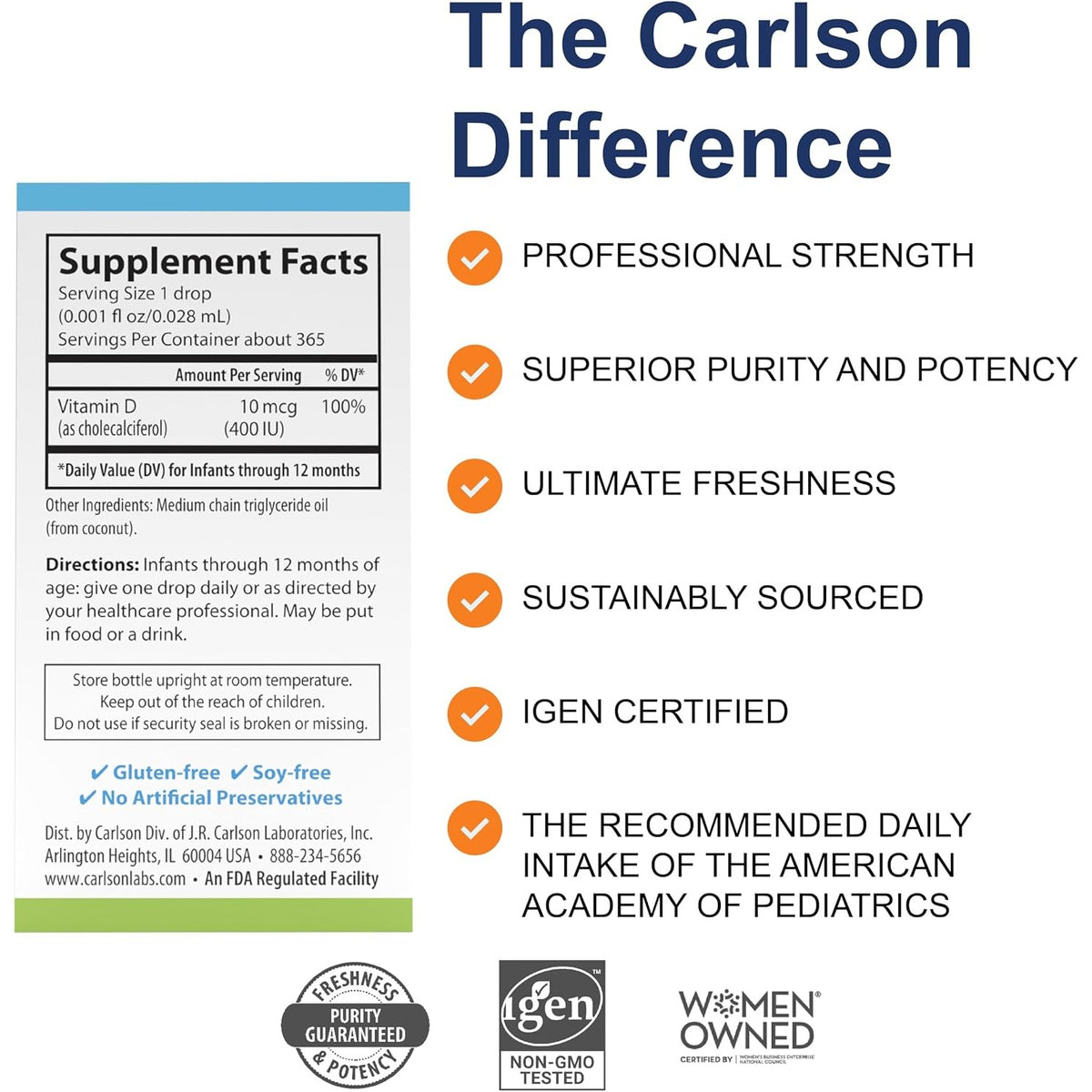 Carlson Baby's Super Daily D3, Baby Vitamin D Drops, Vegetarian, 365 Drops