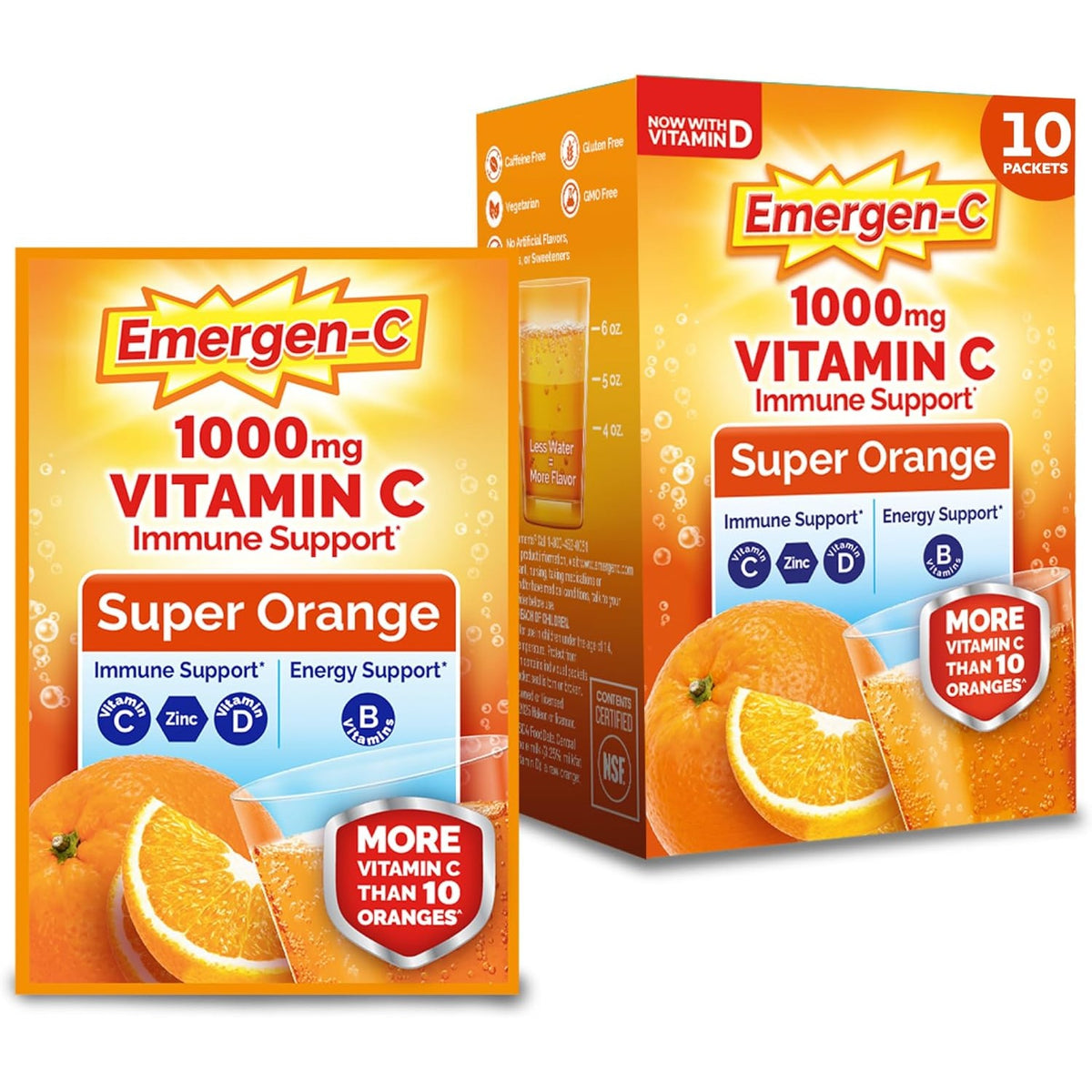 Emergen-C Vitamin C 1000mg Immune Support Powder, Orange, 10 Packets