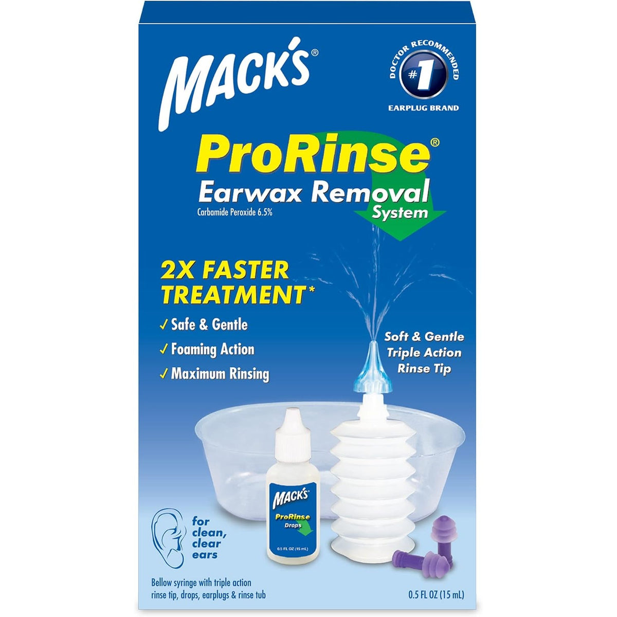 Mack's ProRinse Ear Wax Removal System - 0.5 FL OZ Ear Drops, Ear Plugs, Ear Wash Tub & Ear Syringe with Triple-Action Rinse Tip