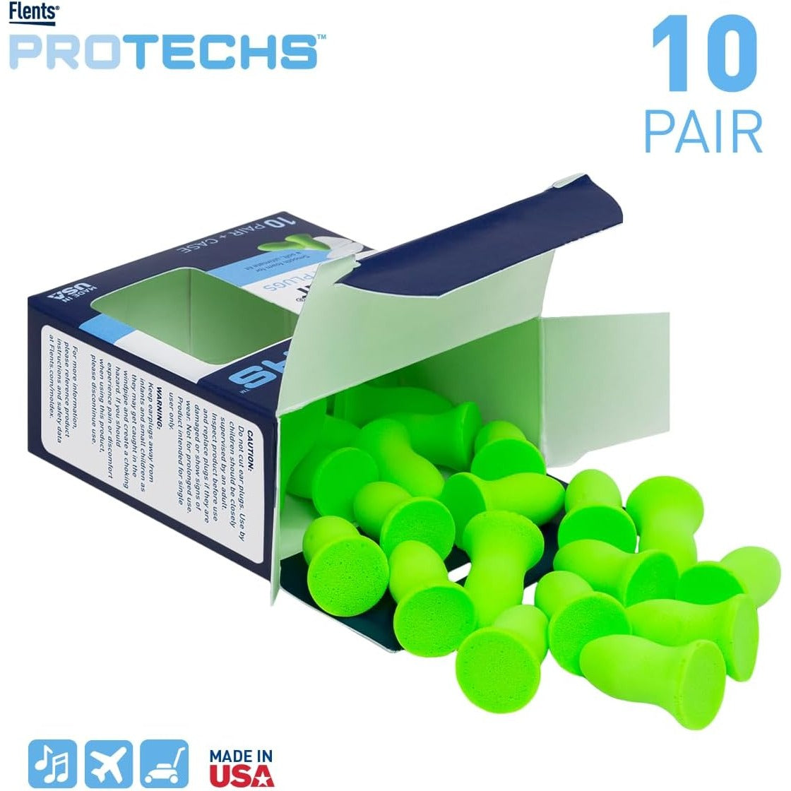 Flents Protechs Quiet Contour Foam Ear Plugs, NRR 33, 10 Pair, Green