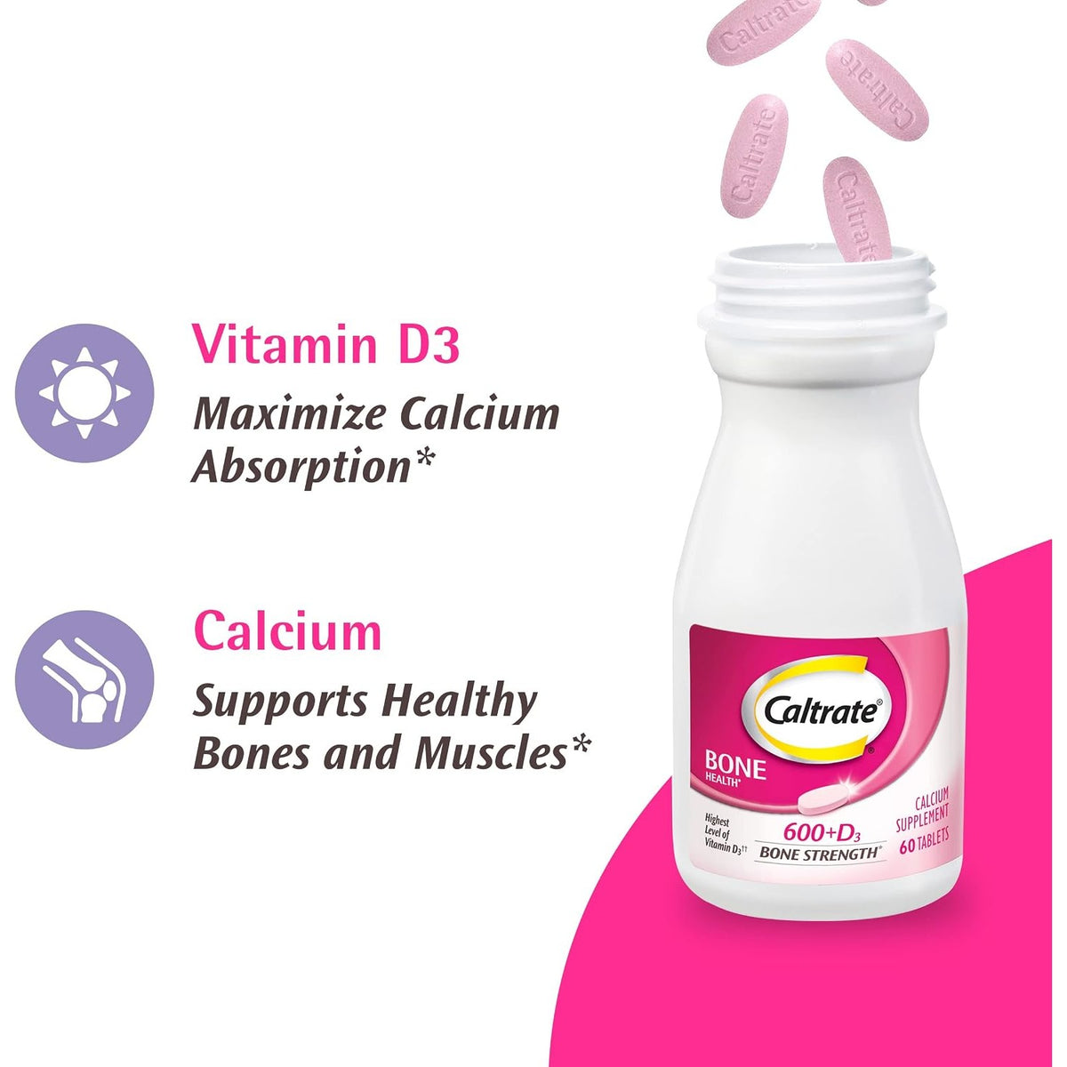Caltrate 600 Plus D3 Vitamin D and Calcium Supplement Tablets, 60 Count