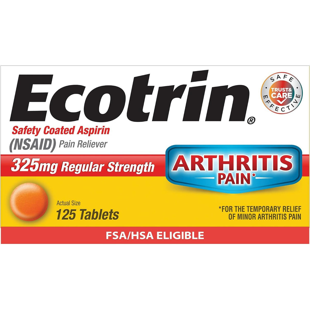Ecotrin Regular Strength Aspirin 325mg (NSAID) Pain Reliever, 125 Count