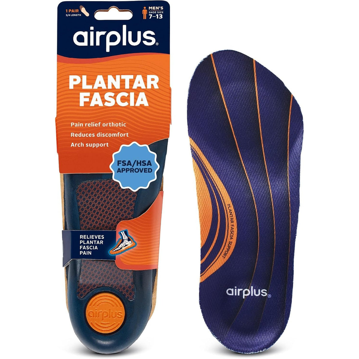 Airplus Plantar Fascia Orthotic 3/4 Length Shoe Insole (FSA&HSA Eligible)-Foam Shell & Gel Heel - Deep Heel Cup, Full-Foot Arch Support-Soft