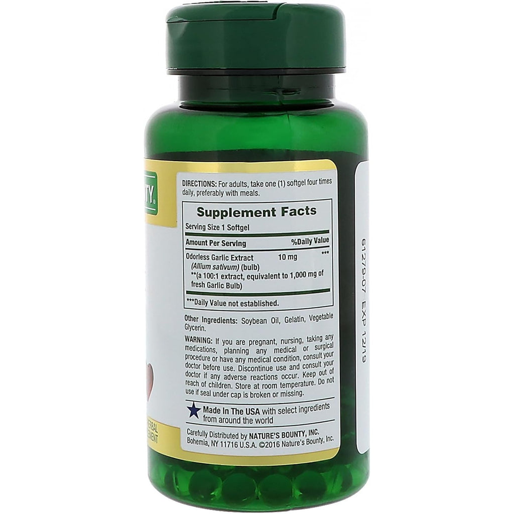 Nature's Bounty Garlic Extract, Herbal Supplement, Supports Circulatory Function, 1000mg, 100 Rapid Release Softgels, Pack of 3