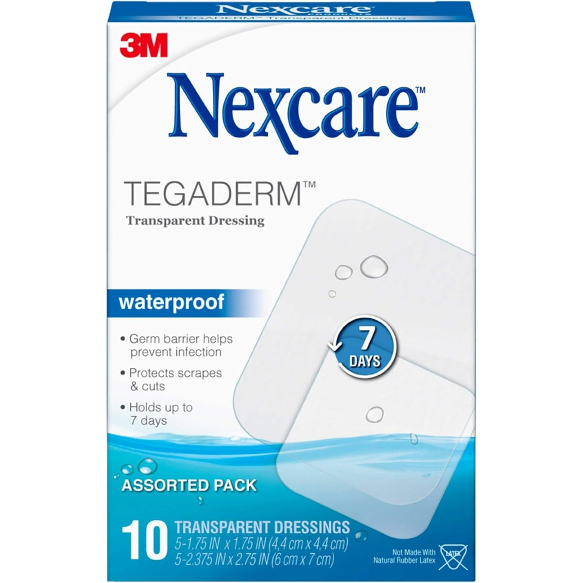 Nexcare Tegaderm Transparent Dressing, Clear Film Lets You See Wounds Heal, Waterproof Dressing Holds Fast for 7 Days - 10 Dressings