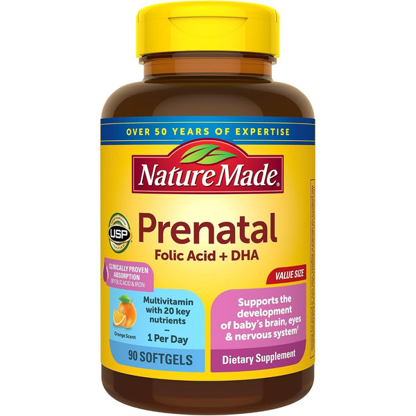 Nature Made Prenatal Vitamins for Women with Folic Acid + DHA, 90 Softgels