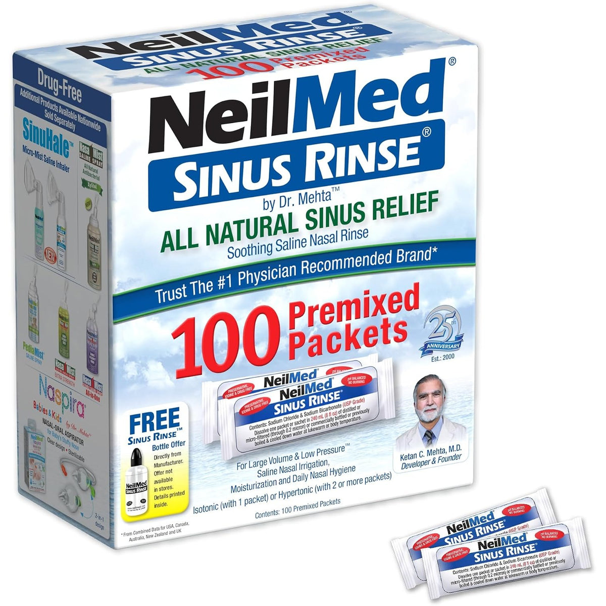 NeilMed Sinus Rinse All Natural Relief Premixed Refill Packets 100 Count (Pack of 1)