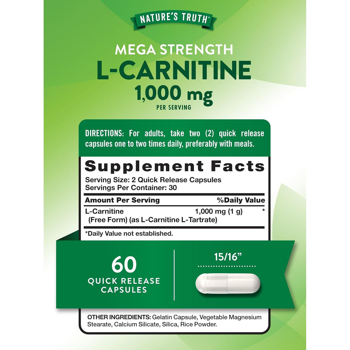 Nature's Truth L-Carnitine 1000mg | 60 Capsules | Mega Strength | Free Form