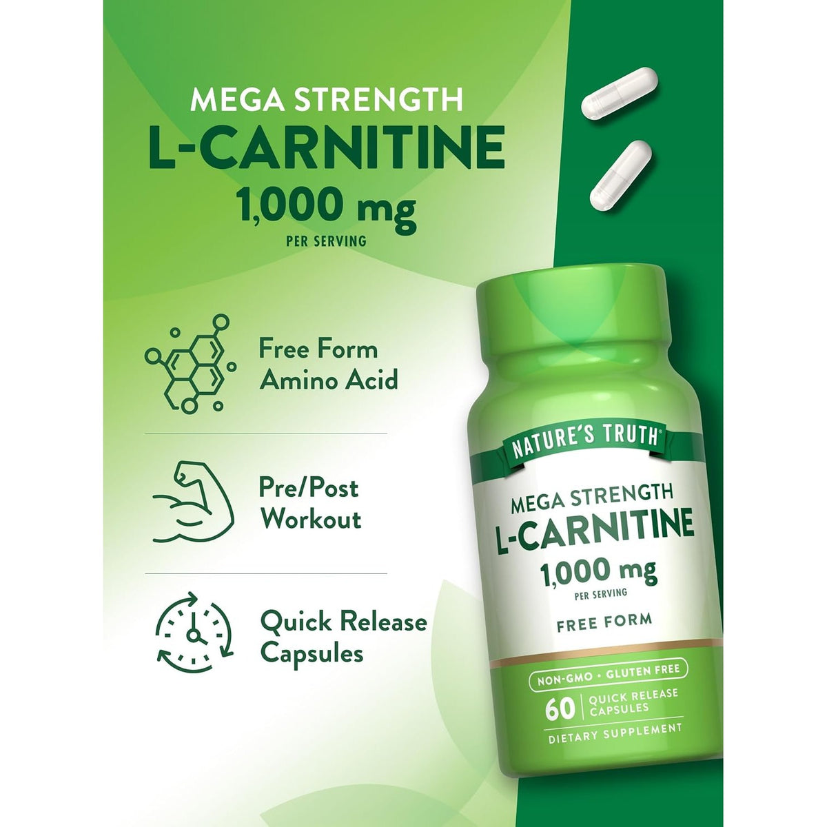 Nature's Truth L-Carnitine 1000mg | 60 Capsules | Mega Strength | Free Form