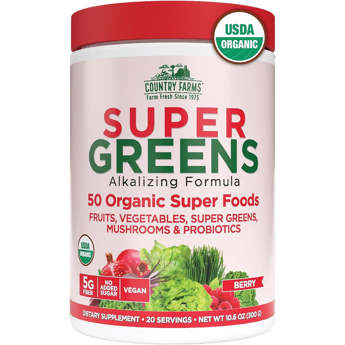 Country Farms Organic Super Greens Powder, Daily Greens Drink Mix with 50 Organic Superfoods, Fruits, Vegetables, Fiber, Mushrooms & Probiotics