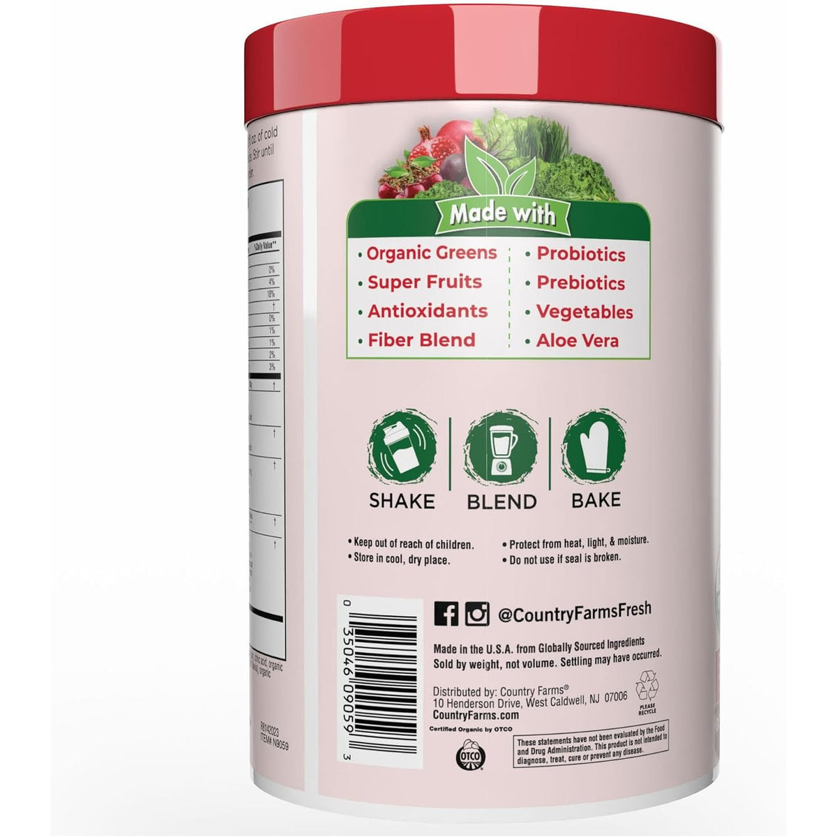 Country Farms Organic Super Greens Powder, Daily Greens Drink Mix with 50 Organic Superfoods, Fruits, Vegetables, Fiber, Mushrooms & Probiotics