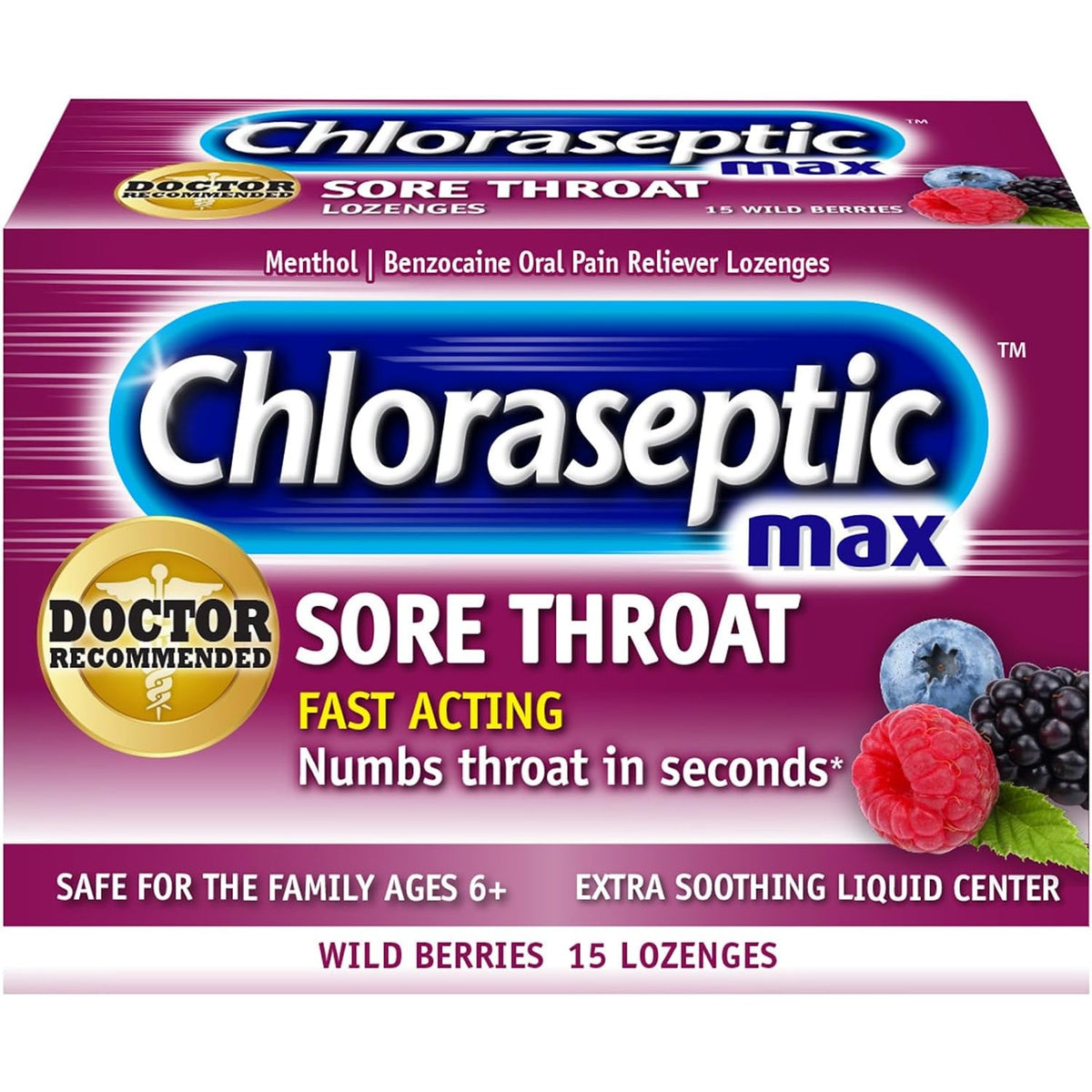 Chloraseptic Max Strength Sore Throat Lozenges, Wild Berry, 15 Count