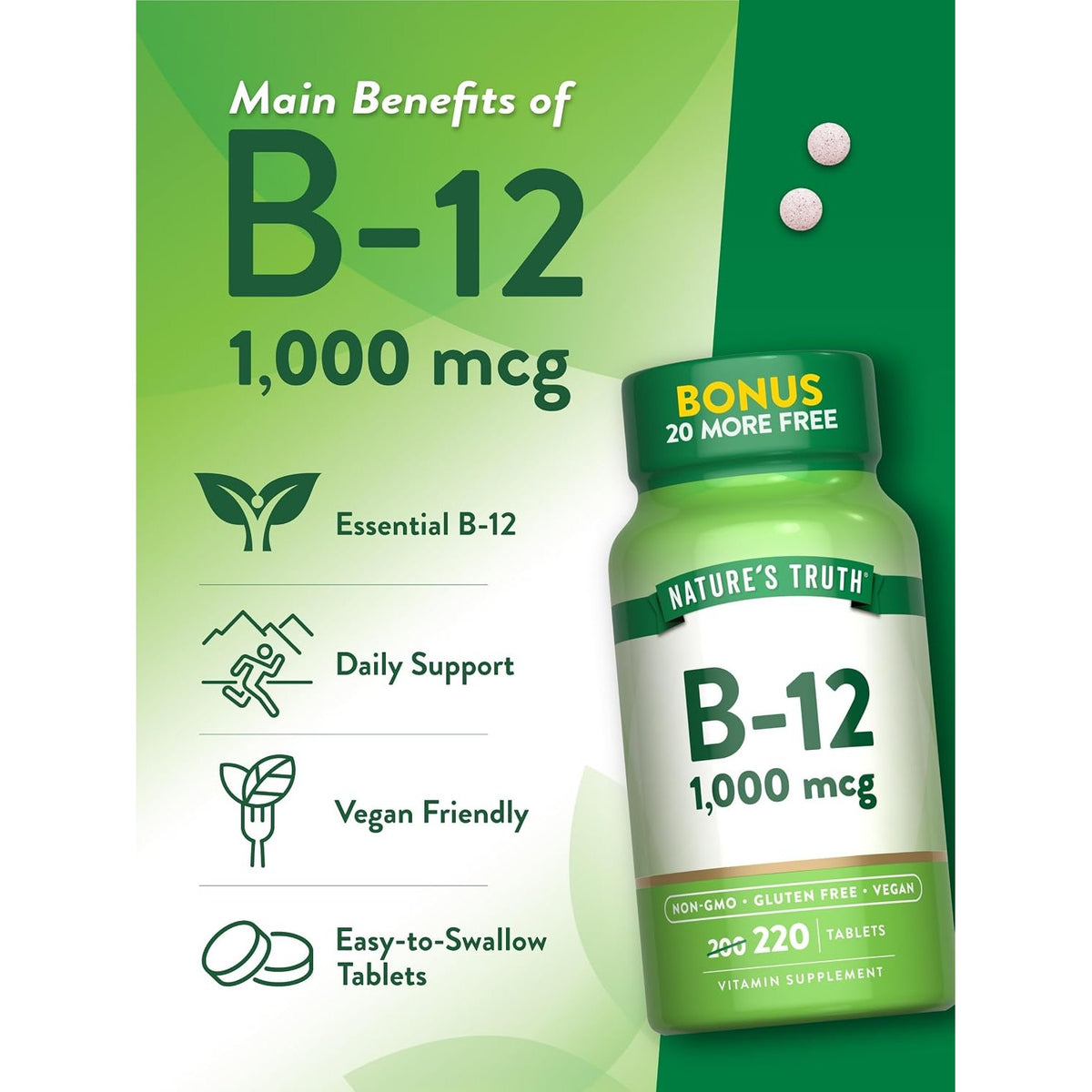 Nature's Truth Vitamin B-12 Tablets, 1,000 mcg, 220 Count