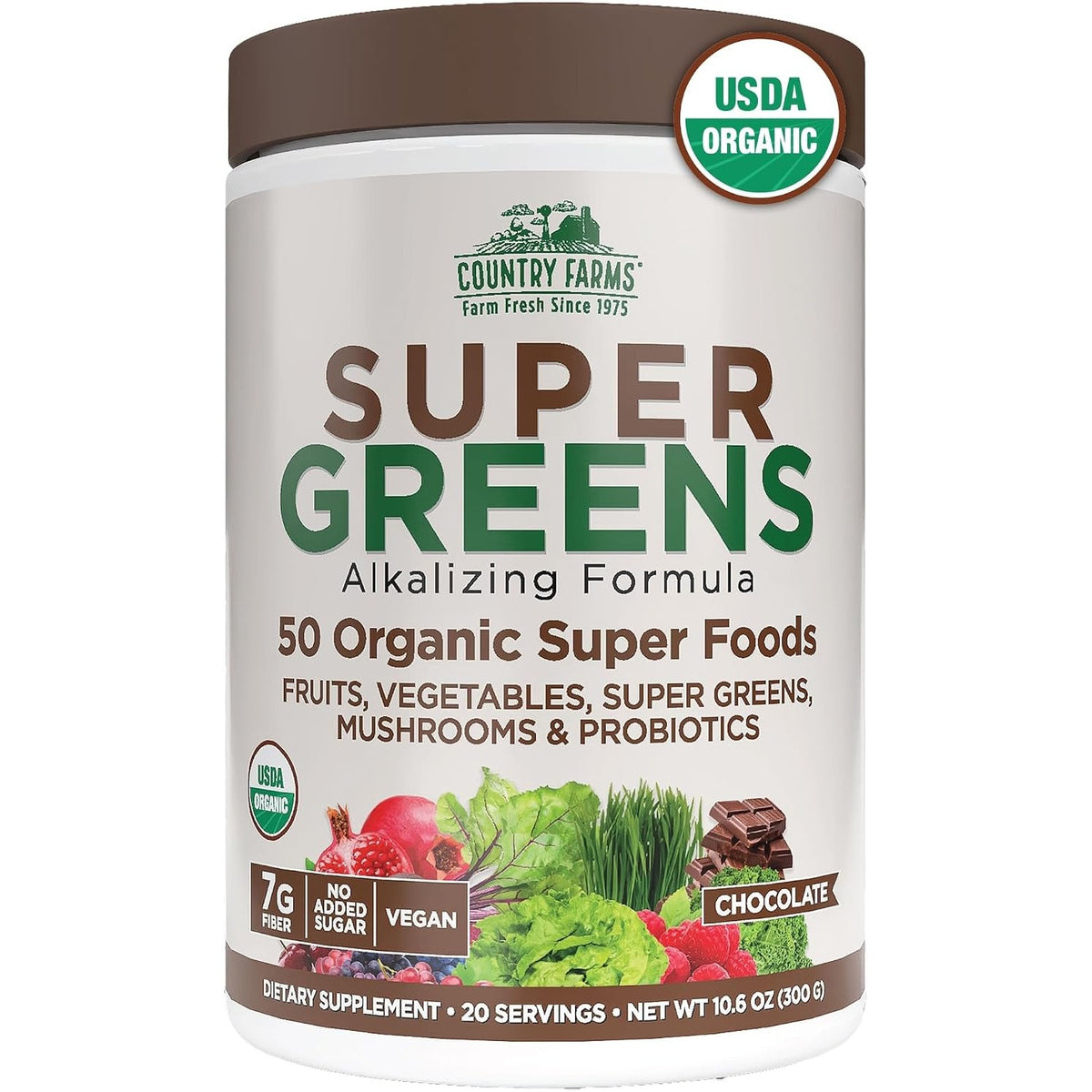 Country Farms Organic Super Greens Powder, Chocolate Flavor, Daily Greens with Fiber, Mushrooms & Probiotics for Gut Health and Energy