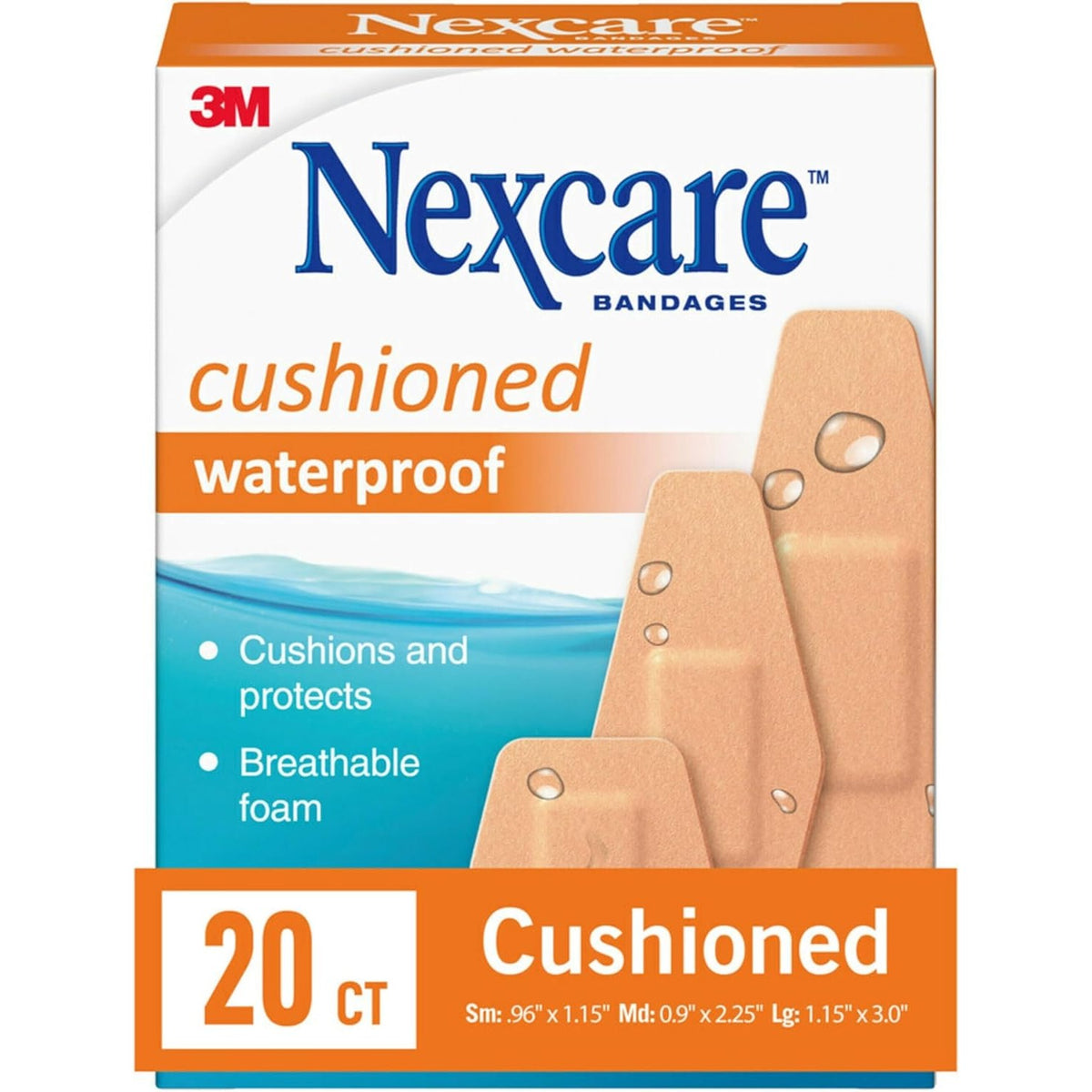 Nexcare Waterproof Cushioned Bandages, Assorted Sizes, 20 Count