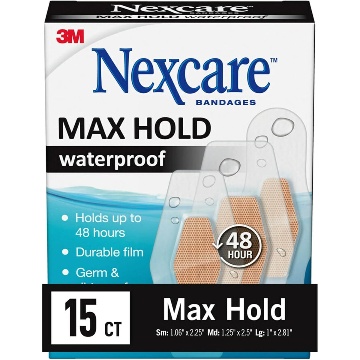 Nexcare Max Hold Waterproof Bandages, Stays On for 48 Hours, Flexible Bandages for Fingers, Knees and Heels - 15 Pack Clear Waterproof