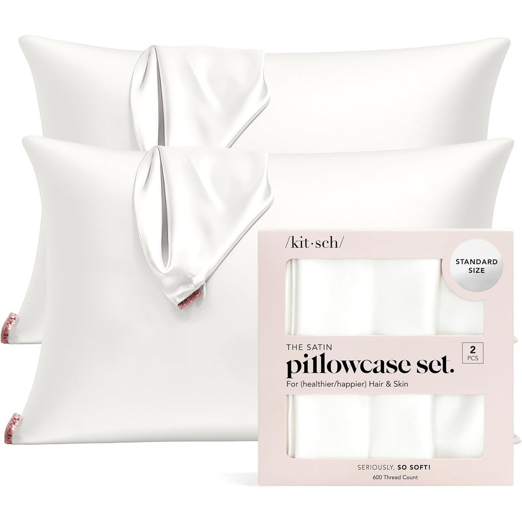 Kitsch Satin Pillowcase with Zipper Standard Size Ivory 2-Pack